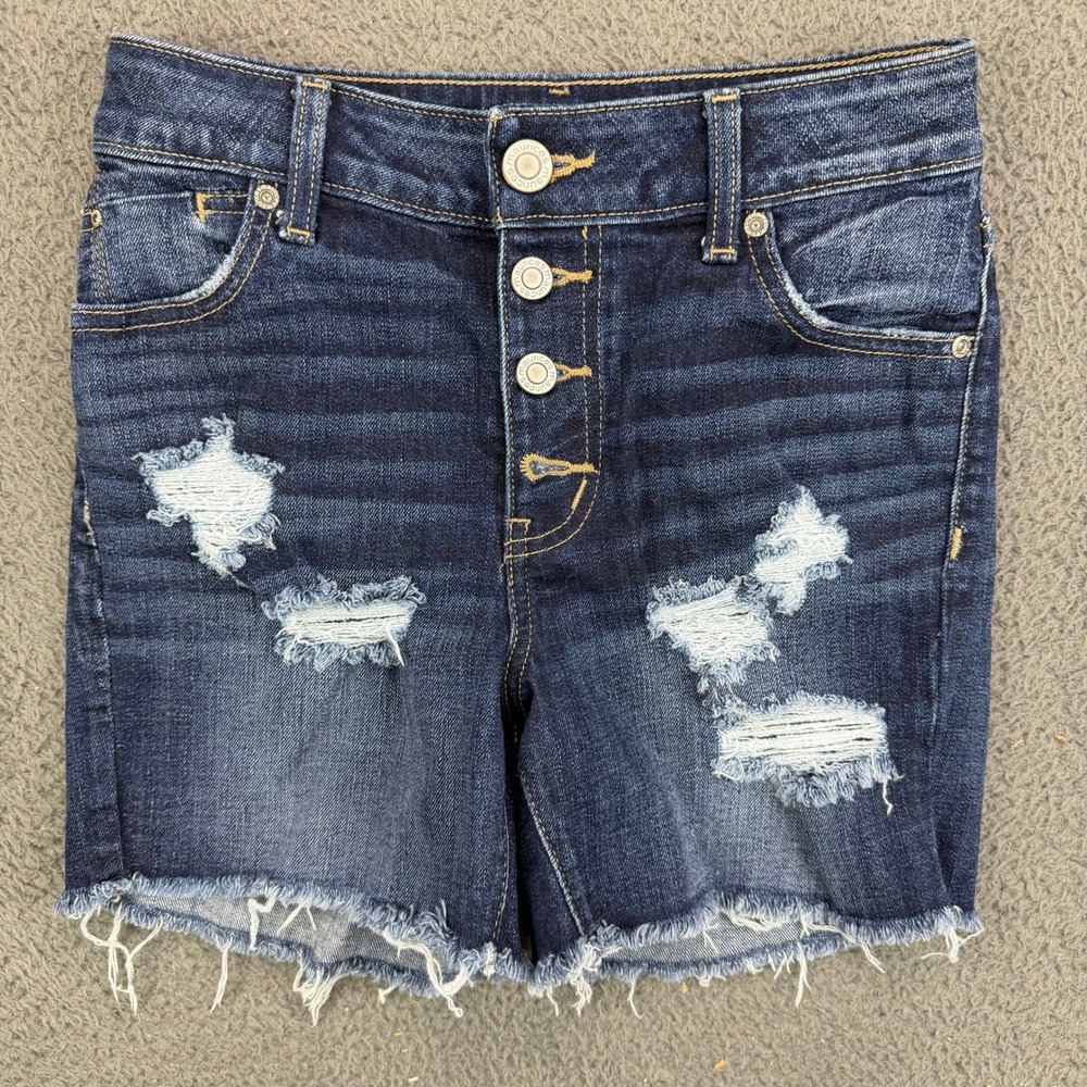 Maurices‎ Womens High Rise Distressed Button Fly Denim Shorts Dark Wash Size 2